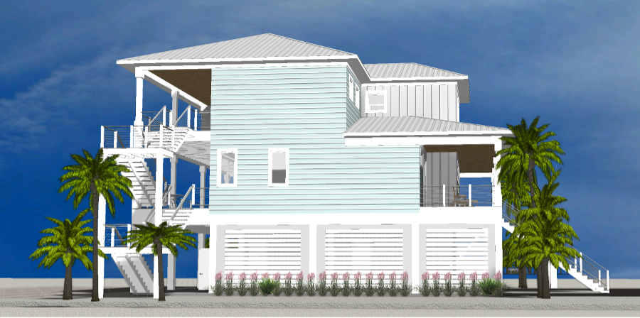 Modern beach or vacation house 3D rendering designed by the architecture firm Born Architects, which serves residential builders in the northwestern Florida area including Port St. Joe, Gulf Breeze, St. George Island, Cape San Blas, Mexico Beach, and
