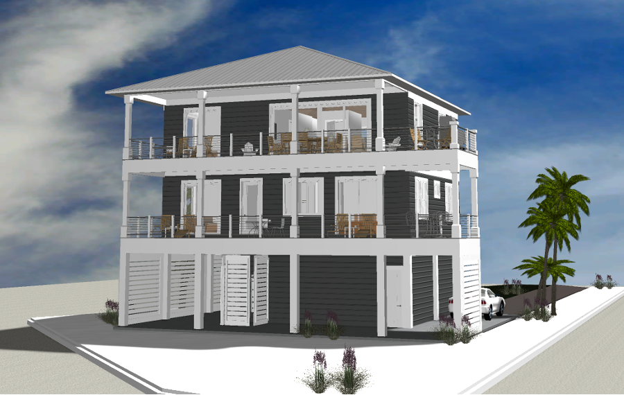 Modern beach or vacation house 3D rendering designed by the architecture firm Born Architects, which serves residential builders in the northwestern Florida area including Port St. Joe, Gulf Breeze, St. George Island, Cape San Blas, Mexico Beach, and