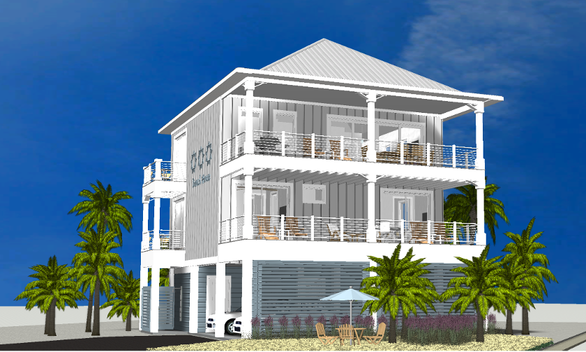 Modern beach or vacation house 3D rendering designed by the architecture firm Born Architects, which serves residential builders in the northwestern Florida area including Port St. Joe, Gulf Breeze, St. George Island, Cape San Blas, Mexico Beach, and