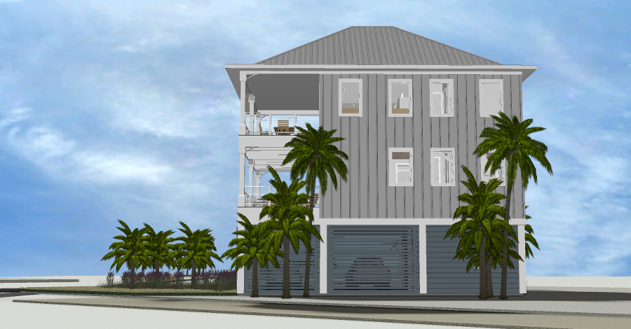 Modern beach or vacation house 3D rendering designed by the architecture firm Born Architects, which serves residential builders in the northwestern Florida area including Port St. Joe, Gulf Breeze, St. George Island, Cape San Blas, Mexico Beach, and