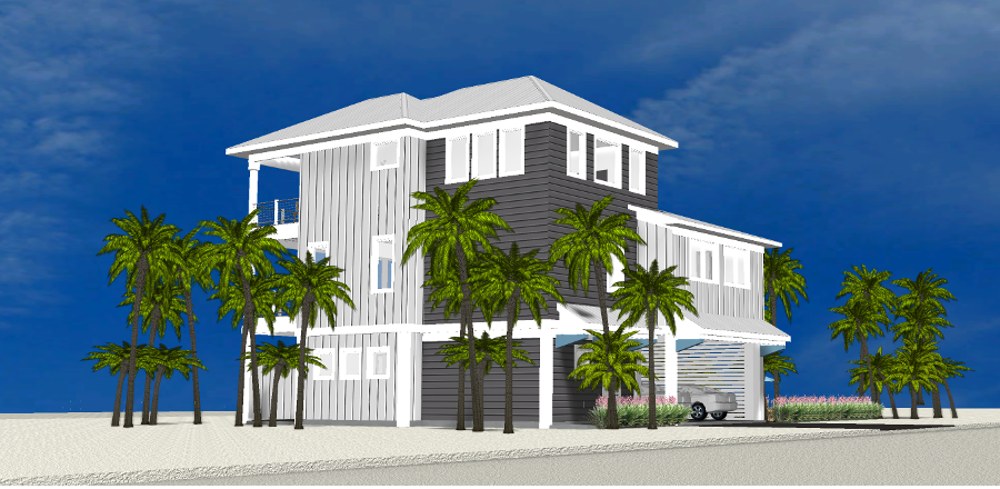 Modern beach or vacation house 3D rendering designed by the architecture firm Born Architects, which serves residential builders in the northwestern Florida area including Port St. Joe, Gulf Breeze, St. George Island, Cape San Blas, Mexico Beach, and