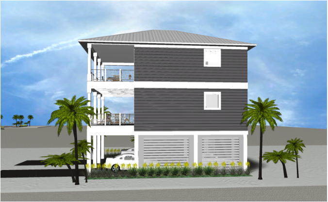 Modern beach or vacation house 3D rendering designed by the architecture firm Born Architects, which serves residential builders in the northwestern Florida area including Port St. Joe, Gulf Breeze, St. George Island, Cape San Blas, Mexico Beach, and