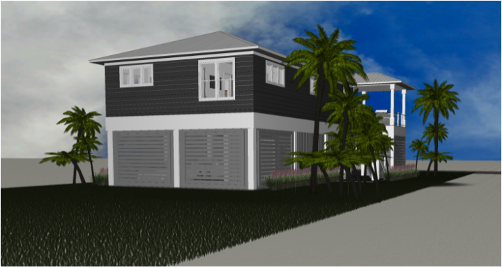 Modern beach or vacation house 3D rendering designed by the architecture firm Born Architects, which serves the northwestern Florida area including Port St. Joe, Gulf Breeze, St. George Island, Cape San Blas, Mexico Beach, and the Emerald Coast.