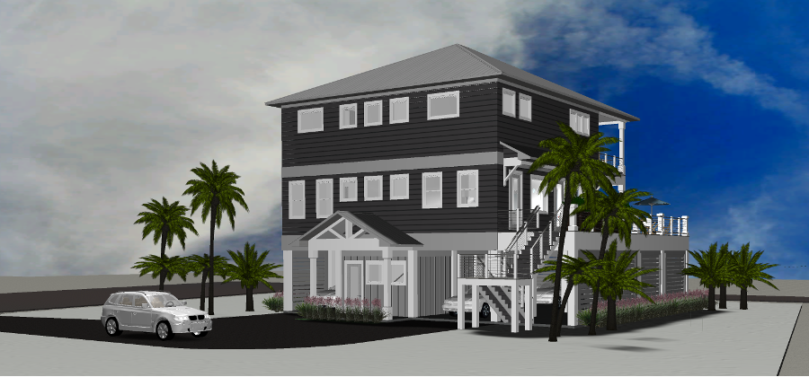 Modern beach or vacation house 3D rendering designed by the architecture firm Born Architects, which serves the northwestern Florida area including Port St. Joe, Gulf Breeze, St. George Island, Cape San Blas, Mexico Beach, and the Emerald Coast.