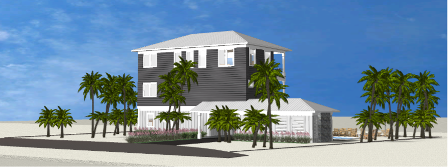 Modern beach or vacation house 3D rendering designed by the architecture firm Born Architects, which serves residential builders in the northwestern Florida area including Port St. Joe, Gulf Breeze, St. George Island, Cape San Blas, Mexico Beach, and