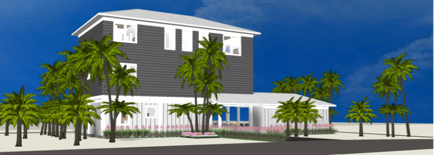 Modern beach or vacation house 3D rendering designed by the architecture firm Born Architects, which serves residential builders in the northwestern Florida area including Port St. Joe, Gulf Breeze, St. George Island, Cape San Blas, Mexico Beach, and