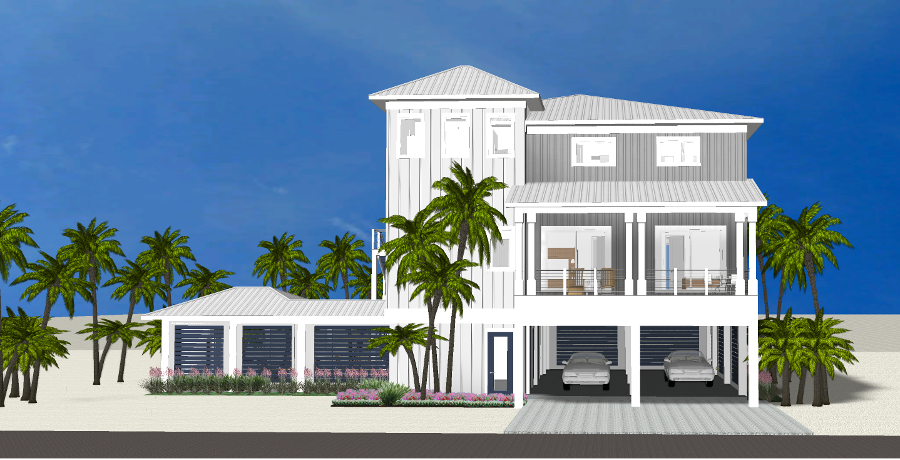 Modern beach or vacation house 3D rendering designed by the architecture firm Born Architects, which serves the northwestern Florida area including Port St. Joe, Gulf Breeze, St. George Island, Cape San Blas, Mexico Beach, and the Emerald Coast.