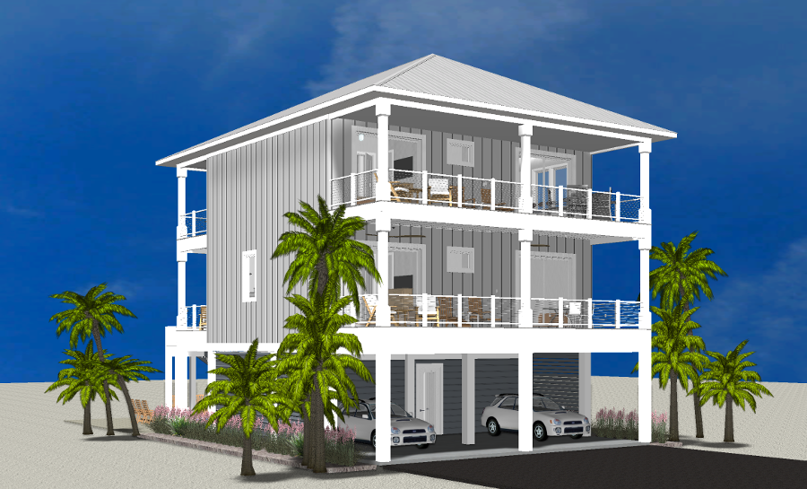 Modern beach or vacation house 3D rendering designed by the architecture firm Born Architects, which serves the northwestern Florida area including Port St. Joe, Gulf Breeze, St. George Island, Cape San Blas, Mexico Beach, and the Emerald Coast.