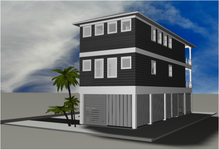 Modern beach or vacation house 3D rendering designed by the architecture firm Born Architects, which serves residential builders in the northwestern Florida area including Port St. Joe, Gulf Breeze, St. George Island, Cape San Blas, Mexico Beach, and