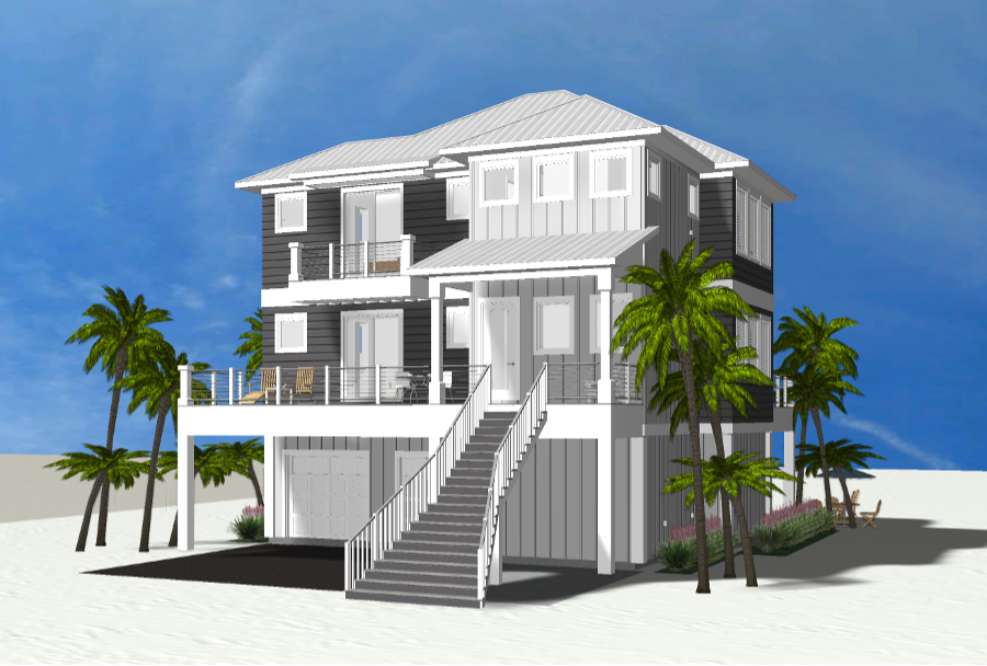 Modern beach or vacation house with a pool 3D rendering designed by the architecture firm Born Architects, which serves residential builders in the northwestern Florida area including Port St. Joe, Gulf Breeze, St. George Island, Cape San Blas, Mexic