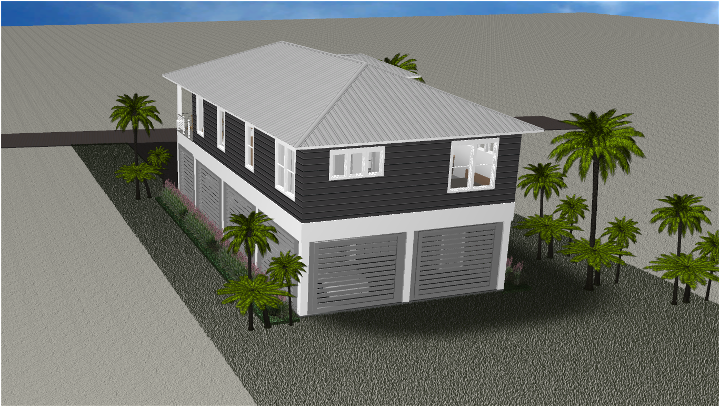 Modern beach or vacation house 3D rendering designed by the architecture firm Born Architects, which serves the northwestern Florida area including Port St. Joe, Gulf Breeze, St. George Island, Cape San Blas, Mexico Beach, and the Emerald Coast.