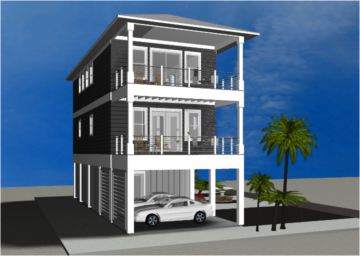 Modern beach or vacation house 3D rendering designed by the architecture firm Born Architects, which serves residential builders in the northwestern Florida area including Port St. Joe, Gulf Breeze, St. George Island, Cape San Blas, Mexico Beach, and