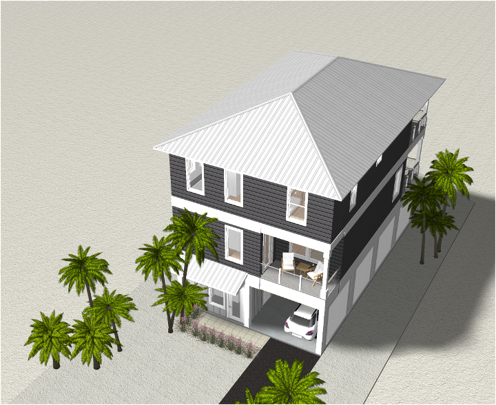Modern beach or vacation house 3D rendering designed by the architecture firm Born Architects, which serves residential builders in the northwestern Florida area including Port St. Joe, Gulf Breeze, St. George Island, Cape San Blas, Mexico Beach, and