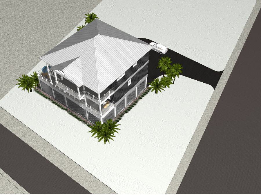 Modern beach or vacation house 3D rendering designed by the architecture firm Born Architects, which serves the northwestern Florida area including Port St. Joe, Gulf Breeze, St. George Island, Cape San Blas, Mexico Beach, and the Emerald Coast.