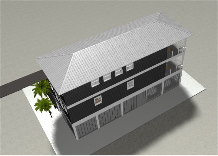 Modern beach or vacation house 3D rendering designed by the architecture firm Born Architects, which serves residential builders in the northwestern Florida area including Port St. Joe, Gulf Breeze, St. George Island, Cape San Blas, Mexico Beach, and