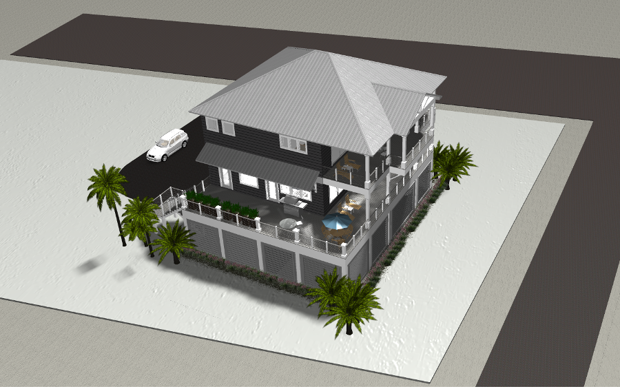 Modern beach or vacation house 3D rendering designed by the architecture firm Born Architects, which serves the northwestern Florida area including Port St. Joe, Gulf Breeze, St. George Island, Cape San Blas, Mexico Beach, and the Emerald Coast.