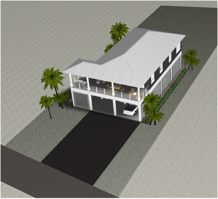 Modern beach or vacation house 3D rendering designed by the architecture firm Born Architects, which serves the northwestern Florida area including Port St. Joe, Gulf Breeze, St. George Island, Cape San Blas, Mexico Beach, and the Emerald Coast.