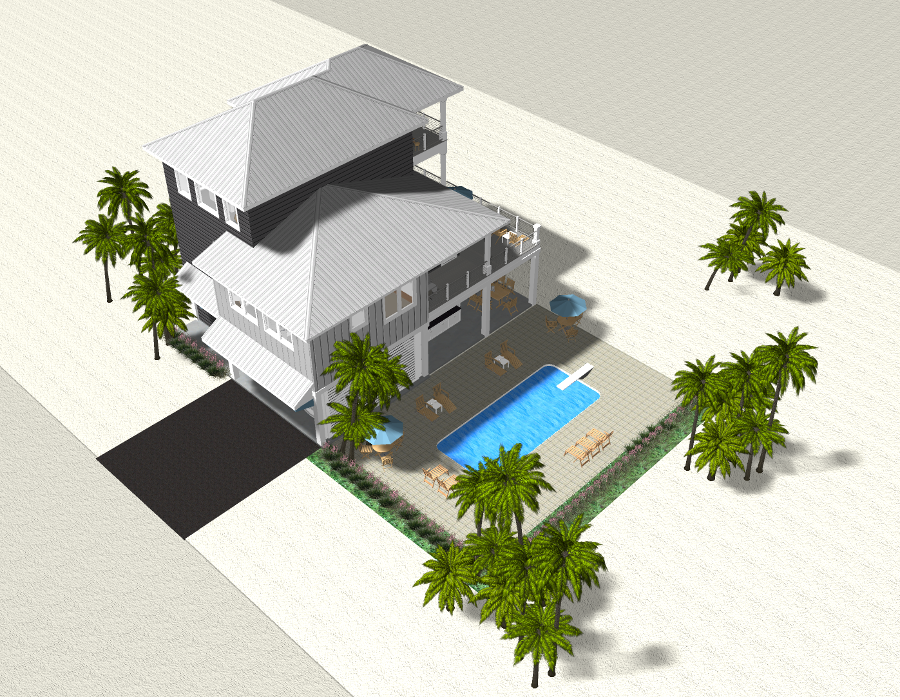 Modern beach or vacation house 3D rendering designed by the architecture firm Born Architects, which serves residential builders in the northwestern Florida area including Port St. Joe, Gulf Breeze, St. George Island, Cape San Blas, Mexico Beach, and