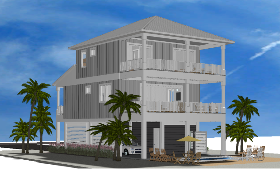 Modern beach or vacation house 3D rendering designed by the architecture firm Born Architects, which serves the northwestern Florida area including Port St. Joe, Gulf Breeze, St. George Island, Cape San Blas, Mexico Beach, and the Emerald Coast.