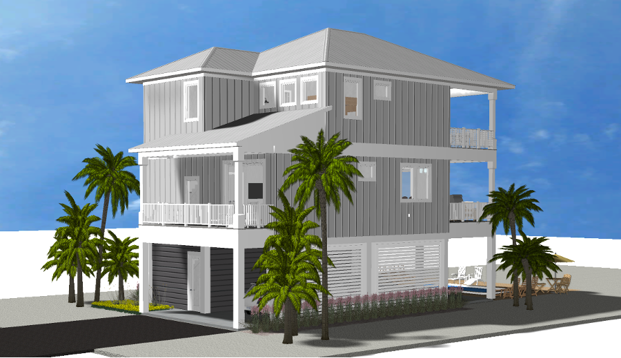 Modern beach or vacation house 3D rendering designed by the architecture firm Born Architects, which serves the northwestern Florida area including Port St. Joe, Gulf Breeze, St. George Island, Cape San Blas, Mexico Beach, and the Emerald Coast.