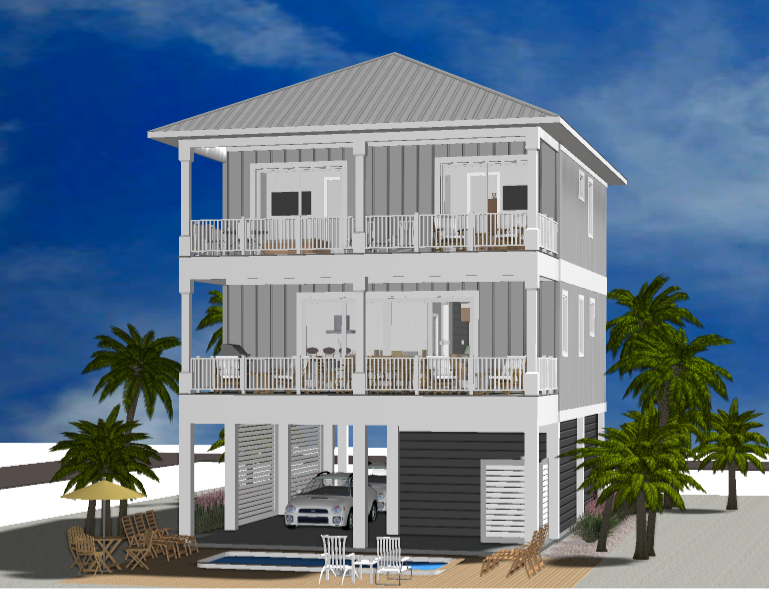 Modern beach or vacation house 3D rendering designed by the architecture firm Born Architects, which serves the northwestern Florida area including Port St. Joe, Gulf Breeze, St. George Island, Cape San Blas, Mexico Beach, and the Emerald Coast.