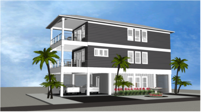 Modern beach or vacation house 3D rendering designed by the architecture firm Born Architects, which serves residential builders in the northwestern Florida area including Port St. Joe, Gulf Breeze, St. George Island, Cape San Blas, Mexico Beach, and