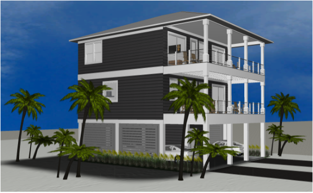 Modern beach or vacation house 3D rendering designed by the architecture firm Born Architects, which serves residential builders in the northwestern Florida area including Port St. Joe, Gulf Breeze, St. George Island, Cape San Blas, Mexico Beach, and