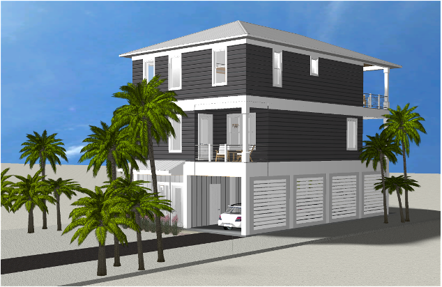 Modern beach or vacation house 3D rendering designed by the architecture firm Born Architects, which serves residential builders in the northwestern Florida area including Port St. Joe, Gulf Breeze, St. George Island, Cape San Blas, Mexico Beach, and