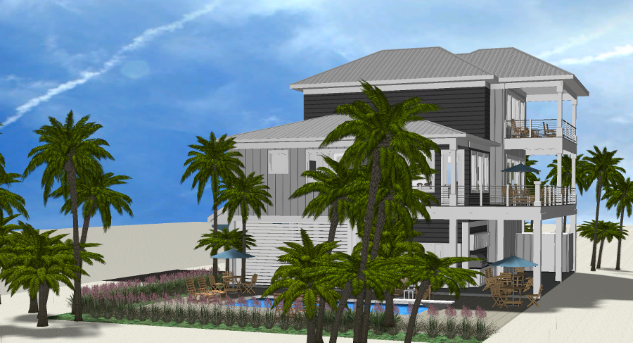 Modern beach or vacation house 3D rendering designed by the architecture firm Born Architects, which serves residential builders in the northwestern Florida area including Port St. Joe, Gulf Breeze, St. George Island, Cape San Blas, Mexico Beach, and