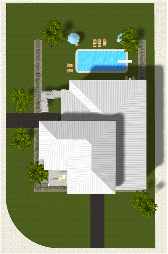 Modern beach or vacation house with a pool 3D rendering designed by the architecture firm Born Architects, which serves the northwestern Florida area including Port St. Joe, Gulf Breeze, St. George Island, Cape San Blas, Mexico Beach, and the Emerald