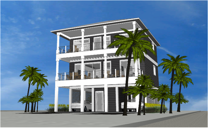 Modern beach or vacation house 3D rendering designed by the architecture firm Born Architects, which serves residential builders in the northwestern Florida area including Port St. Joe, Gulf Breeze, St. George Island, Cape San Blas, Mexico Beach, and