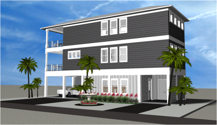 Modern beach or vacation house 3D rendering designed by the architecture firm Born Architects, which serves residential builders in the northwestern Florida area including Port St. Joe, Gulf Breeze, St. George Island, Cape San Blas, Mexico Beach, and