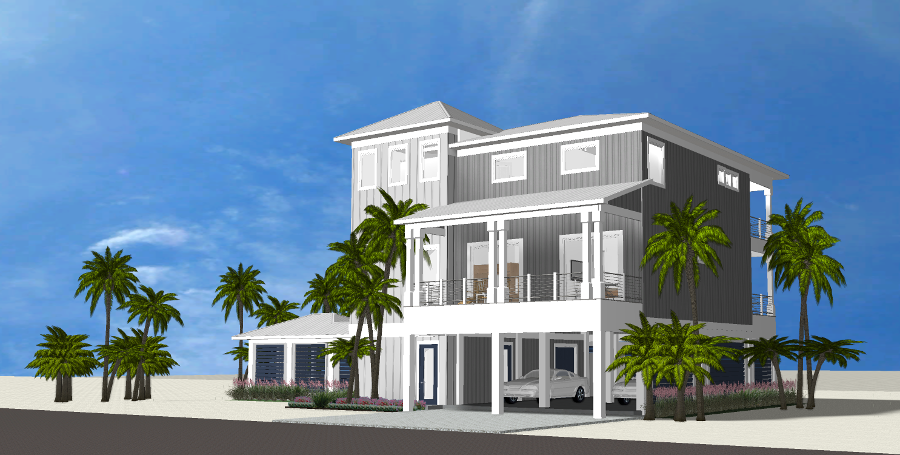 Modern beach or vacation house 3D rendering designed by the architecture firm Born Architects, which serves the northwestern Florida area including Port St. Joe, Gulf Breeze, St. George Island, Cape San Blas, Mexico Beach, and the Emerald Coast.