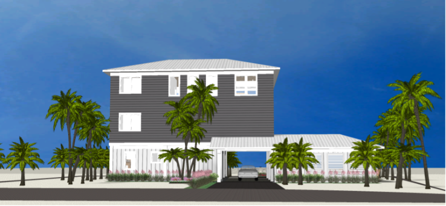 Modern beach or vacation house 3D rendering designed by the architecture firm Born Architects, which serves residential builders in the northwestern Florida area including Port St. Joe, Gulf Breeze, St. George Island, Cape San Blas, Mexico Beach, and