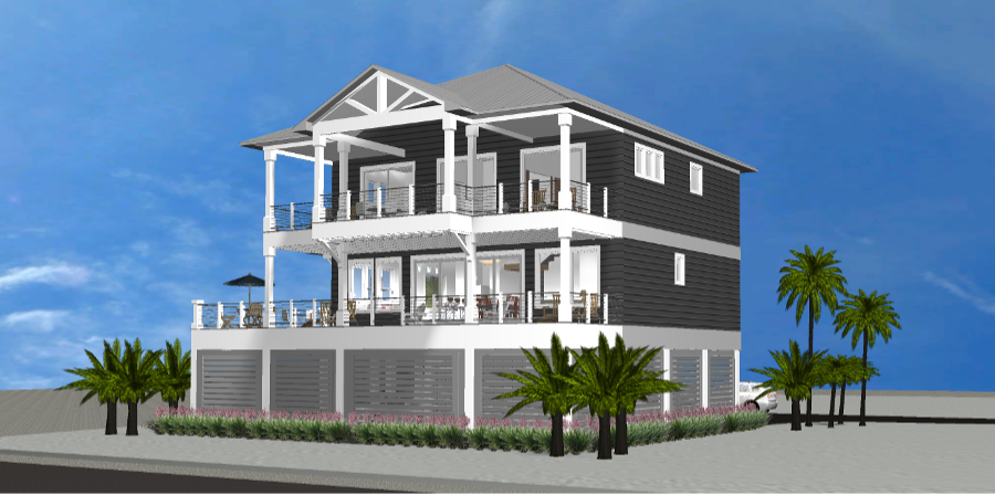 Modern beach or vacation house 3D rendering designed by the architecture firm Born Architects, which serves the northwestern Florida area including Port St. Joe, Gulf Breeze, St. George Island, Cape San Blas, Mexico Beach, and the Emerald Coast.