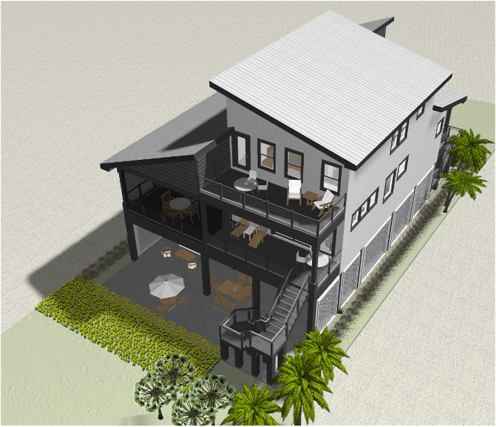 Modern beach or vacation house 3D rendering designed by the architecture firm Born Architects, which serves residential builders in the northwestern Florida area including Port St. Joe, Gulf Breeze, St. George Island, Cape San Blas, Mexico Beach, and