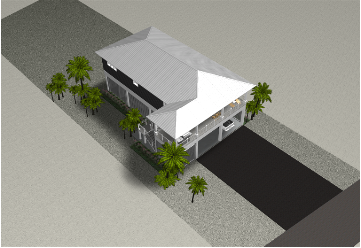 Modern beach or vacation house 3D rendering designed by the architecture firm Born Architects, which serves the northwestern Florida area including Port St. Joe, Gulf Breeze, St. George Island, Cape San Blas, Mexico Beach, and the Emerald Coast.