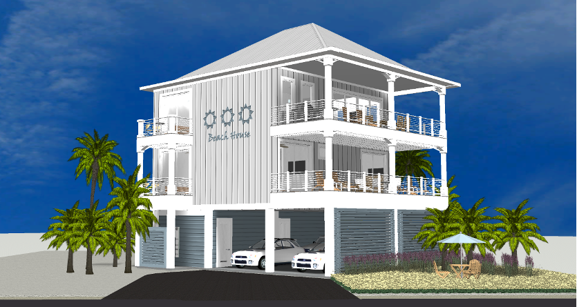 Modern beach or vacation house 3D rendering designed by the architecture firm Born Architects, which serves residential builders in the northwestern Florida area including Port St. Joe, Gulf Breeze, St. George Island, Cape San Blas, Mexico Beach, and