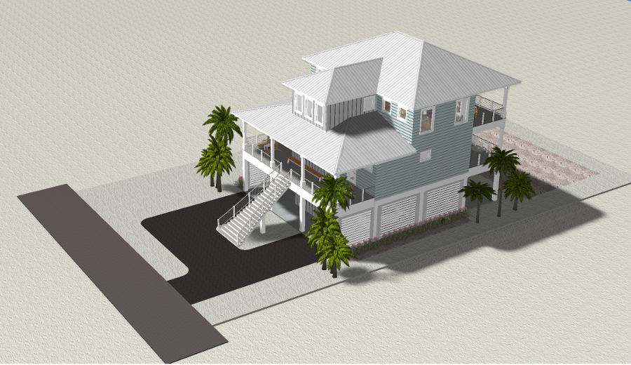 Modern beach or vacation house 3D rendering designed by the architecture firm Born Architects, which serves residential builders in the northwestern Florida area including Port St. Joe, Gulf Breeze, St. George Island, Cape San Blas, Mexico Beach, and