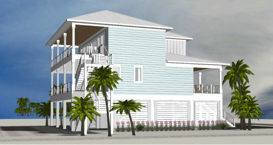 Modern beach or vacation house 3D rendering designed by the architecture firm Born Architects, which serves residential builders in the northwestern Florida area including Port St. Joe, Gulf Breeze, St. George Island, Cape San Blas, Mexico Beach, and