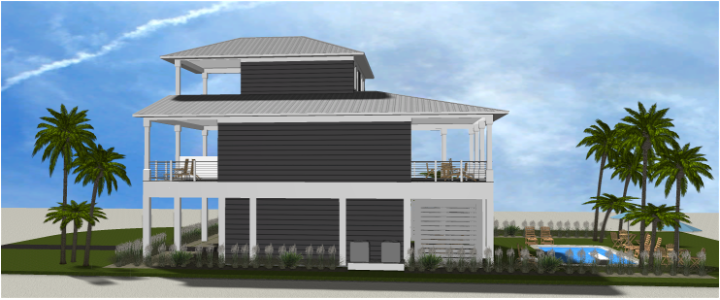 Modern beach or vacation house with a pool 3D rendering designed by the architecture firm Born Architects, which serves the northwestern Florida area including Port St. Joe, Gulf Breeze, St. George Island, Cape San Blas, Mexico Beach, and the Emerald