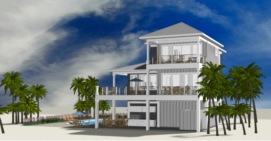 Modern beach or vacation house 3D rendering designed by the architecture firm Born Architects, which serves residential builders in the northwestern Florida area including Port St. Joe, Gulf Breeze, St. George Island, Cape San Blas, Mexico Beach, and