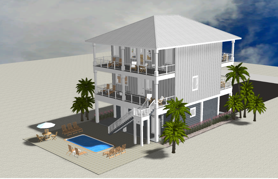 Modern beach or vacation house 3D rendering designed by the architecture firm Born Architects, which serves the northwestern Florida area including Port St. Joe, Gulf Breeze, St. George Island, Cape San Blas, Mexico Beach, and the Emerald Coast.