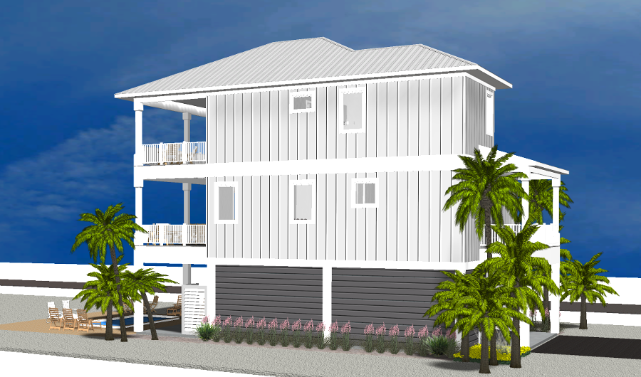 Modern beach or vacation house 3D rendering designed by the architecture firm Born Architects, which serves the northwestern Florida area including Port St. Joe, Gulf Breeze, St. George Island, Cape San Blas, Mexico Beach, and the Emerald Coast.