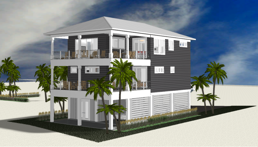 Modern beach or vacation house 3D rendering designed by the architecture firm Born Architects, which serves the northwestern Florida area including Port St. Joe, Gulf Breeze, St. George Island, Cape San Blas, Mexico Beach, and the Emerald Coast.