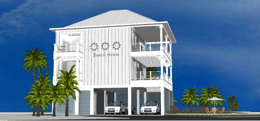 Modern beach or vacation house 3D rendering designed by the architecture firm Born Architects, which serves residential builders in the northwestern Florida area including Port St. Joe, Gulf Breeze, St. George Island, Cape San Blas, Mexico Beach, and