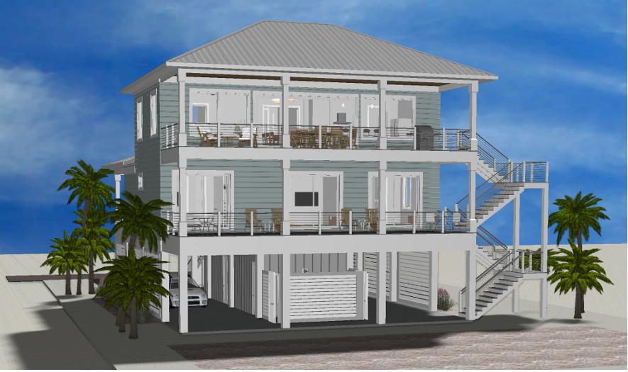 Modern beach or vacation house 3D rendering designed by the architecture firm Born Architects, which serves residential builders in the northwestern Florida area including Port St. Joe, Gulf Breeze, St. George Island, Cape San Blas, Mexico Beach, and