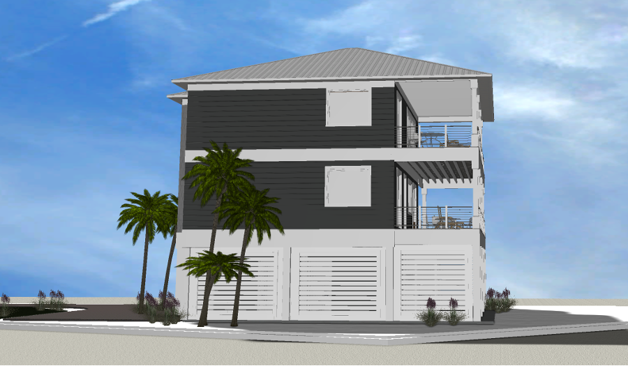Modern beach or vacation house 3D rendering designed by the architecture firm Born Architects, which serves residential builders in the northwestern Florida area including Port St. Joe, Gulf Breeze, St. George Island, Cape San Blas, Mexico Beach, and