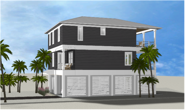 Modern beach or vacation house 3D rendering designed by the architecture firm Born Architects, which serves residential builders in the northwestern Florida area including Port St. Joe, Gulf Breeze, St. George Island, Cape San Blas, Mexico Beach, and