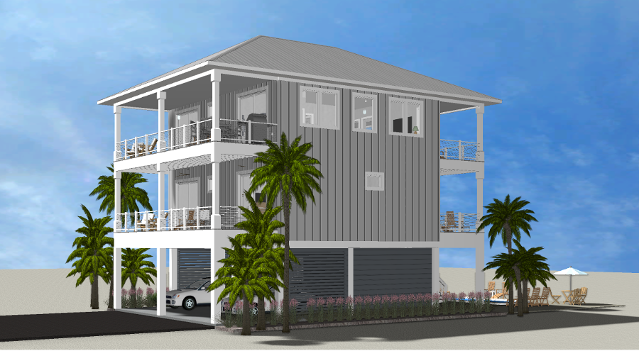 Modern beach or vacation house 3D rendering designed by the architecture firm Born Architects, which serves the northwestern Florida area including Port St. Joe, Gulf Breeze, St. George Island, Cape San Blas, Mexico Beach, and the Emerald Coast.
